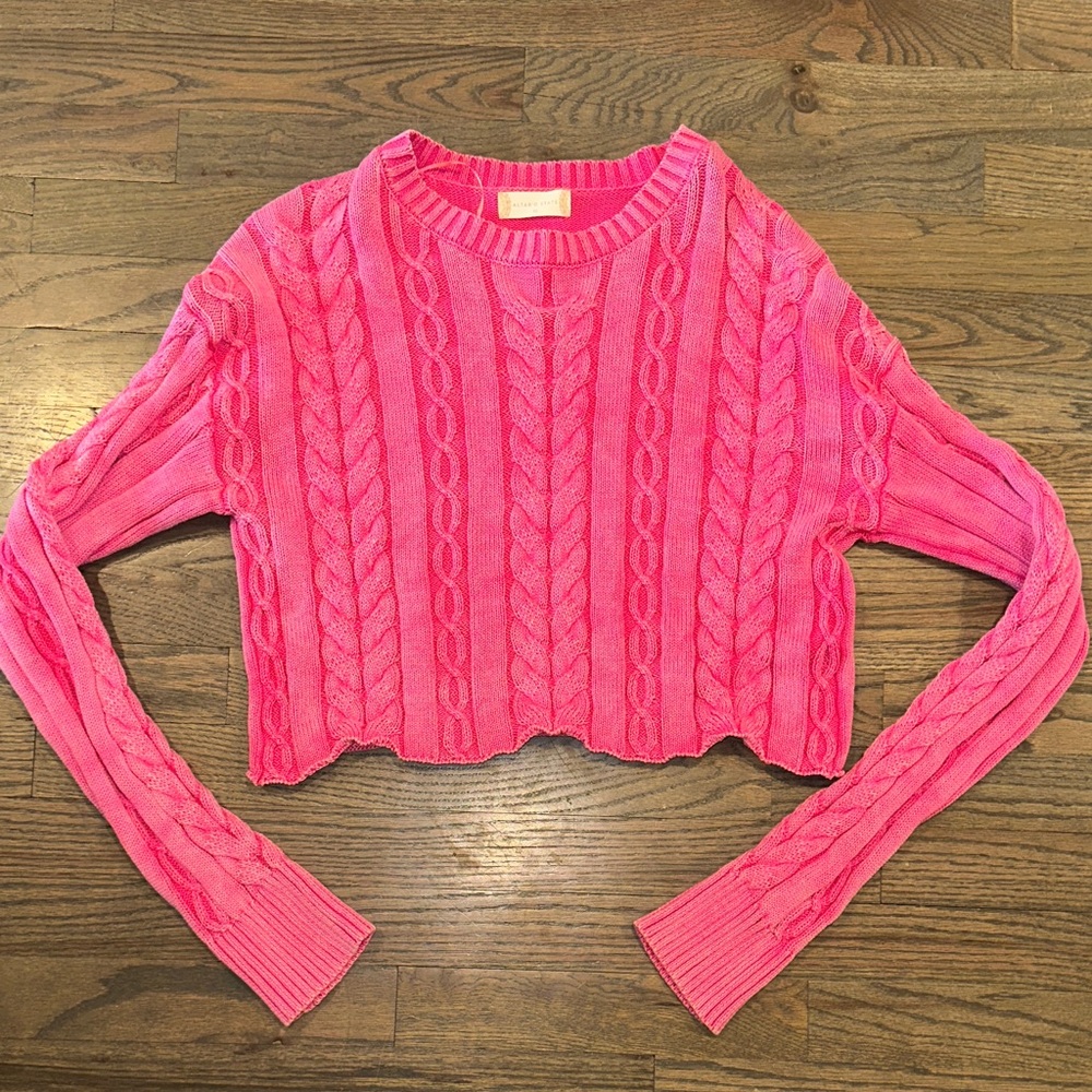 Altar'd State Bright Pink Cropped Cable Knit Crewneck Sweater